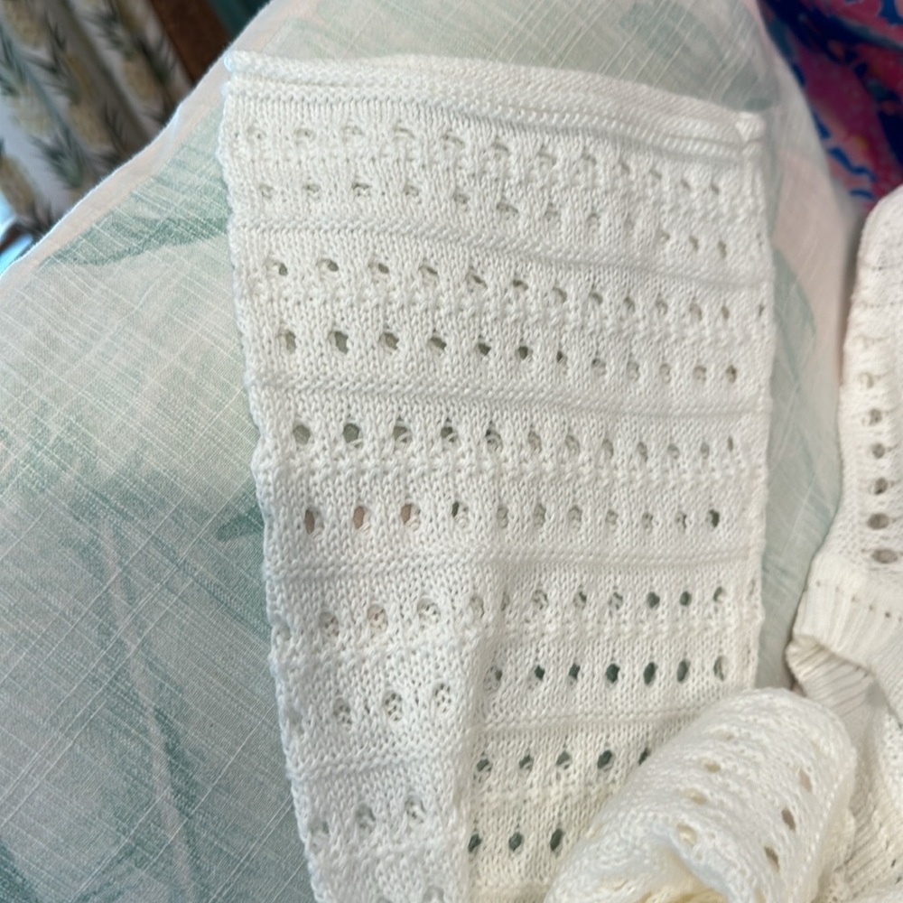 White Crochet Sweater Open Weave Cozy Cotton Blend Bell Sleeves Amazon NWOT - Picture 8 of 8
